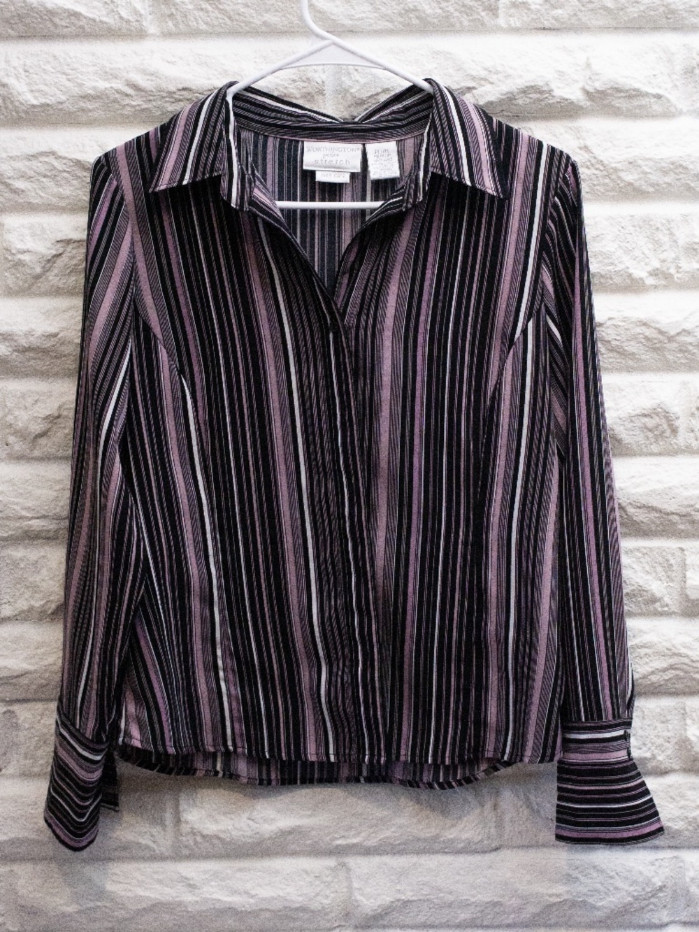 Worthington Petite Stretch Women's Petite M, Striped Button shirt, Office siren